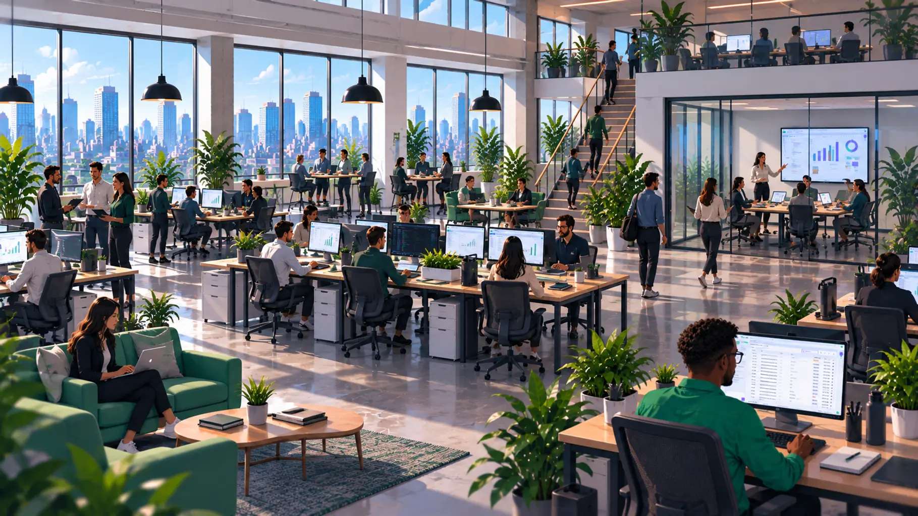 An open-plan office at work, a WIQ blueprint and its triage queue open on the screen in the foreground