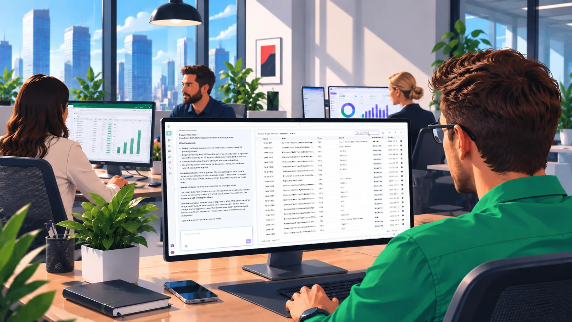 Someone at a desk reading a WIQ triage queue on screen, colleagues working at desks behind