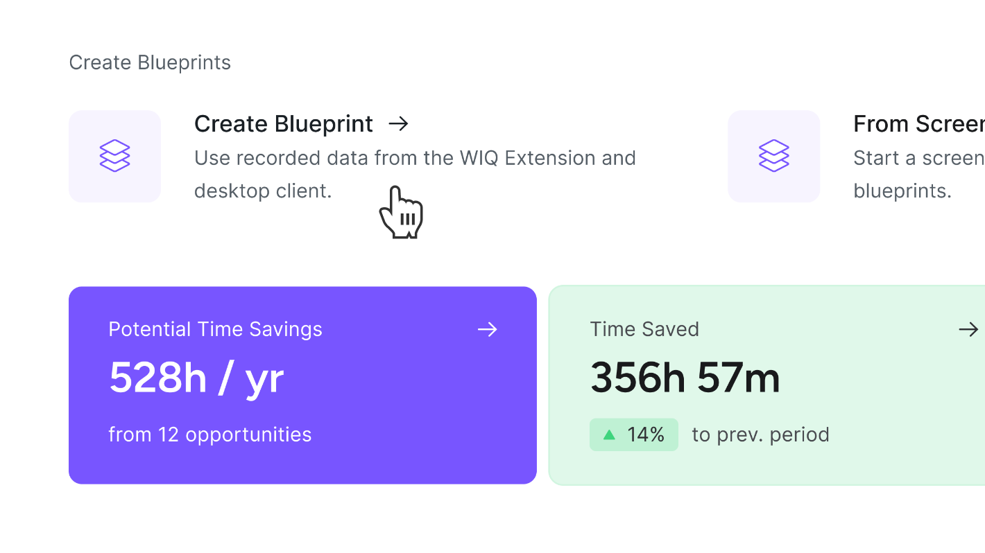 WIQ create-blueprints options with potential time savings across opportunities
