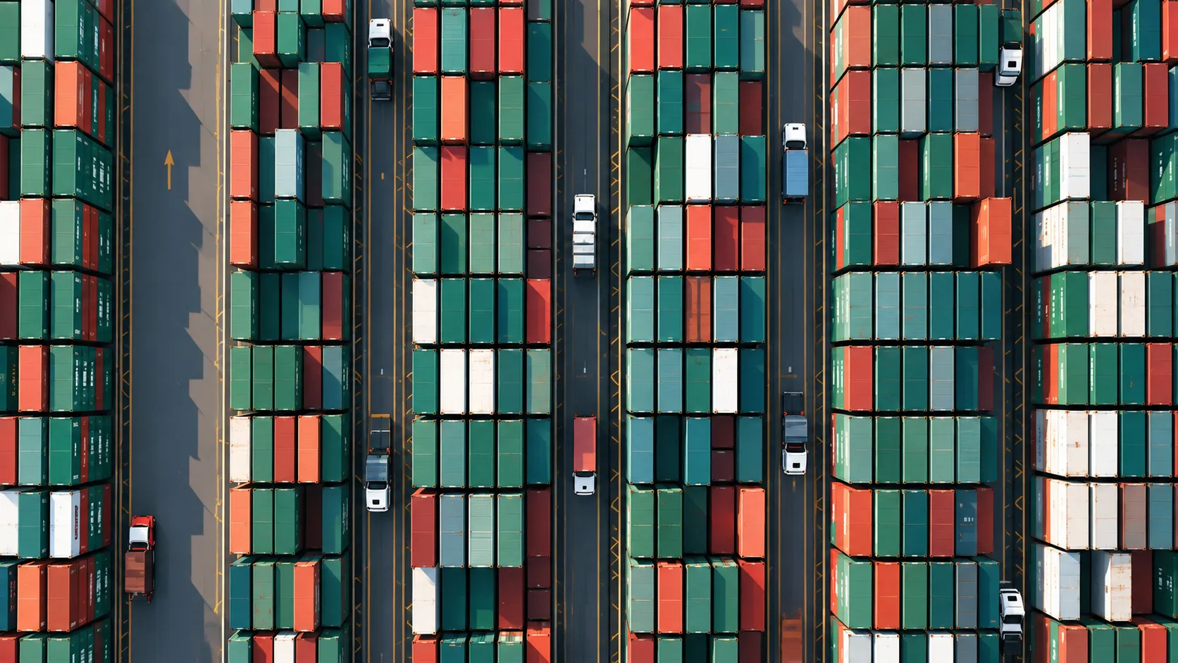 An overhead view of a container terminal, stacks in long rows with trucks moving between them