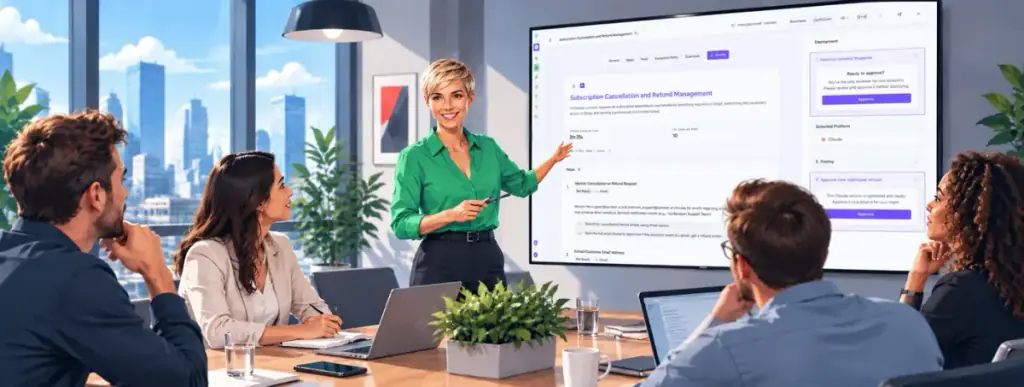 A team reviewing a WIQ blueprint on a meeting room screen