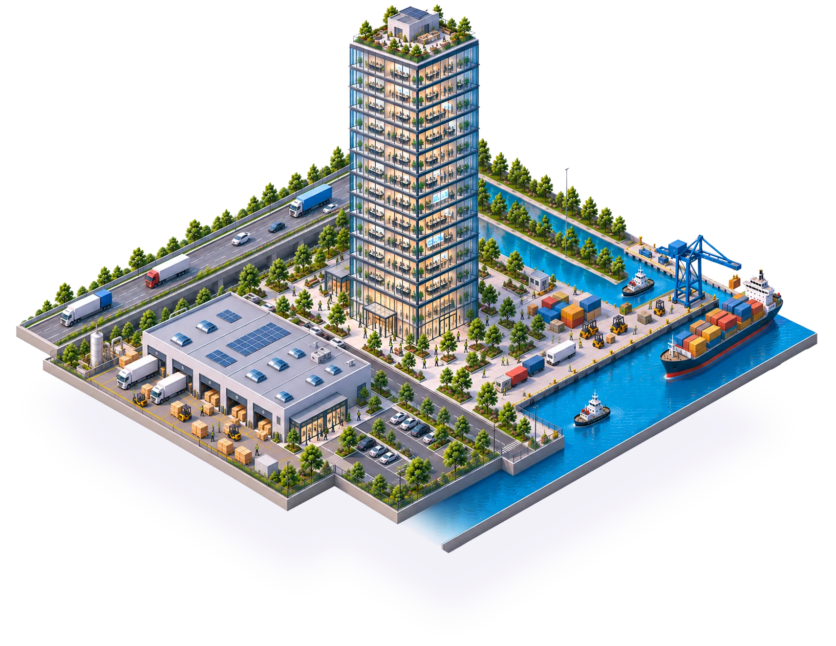 An isometric view of an operations site: an office tower, a distribution centre with loading bays, and a container quay