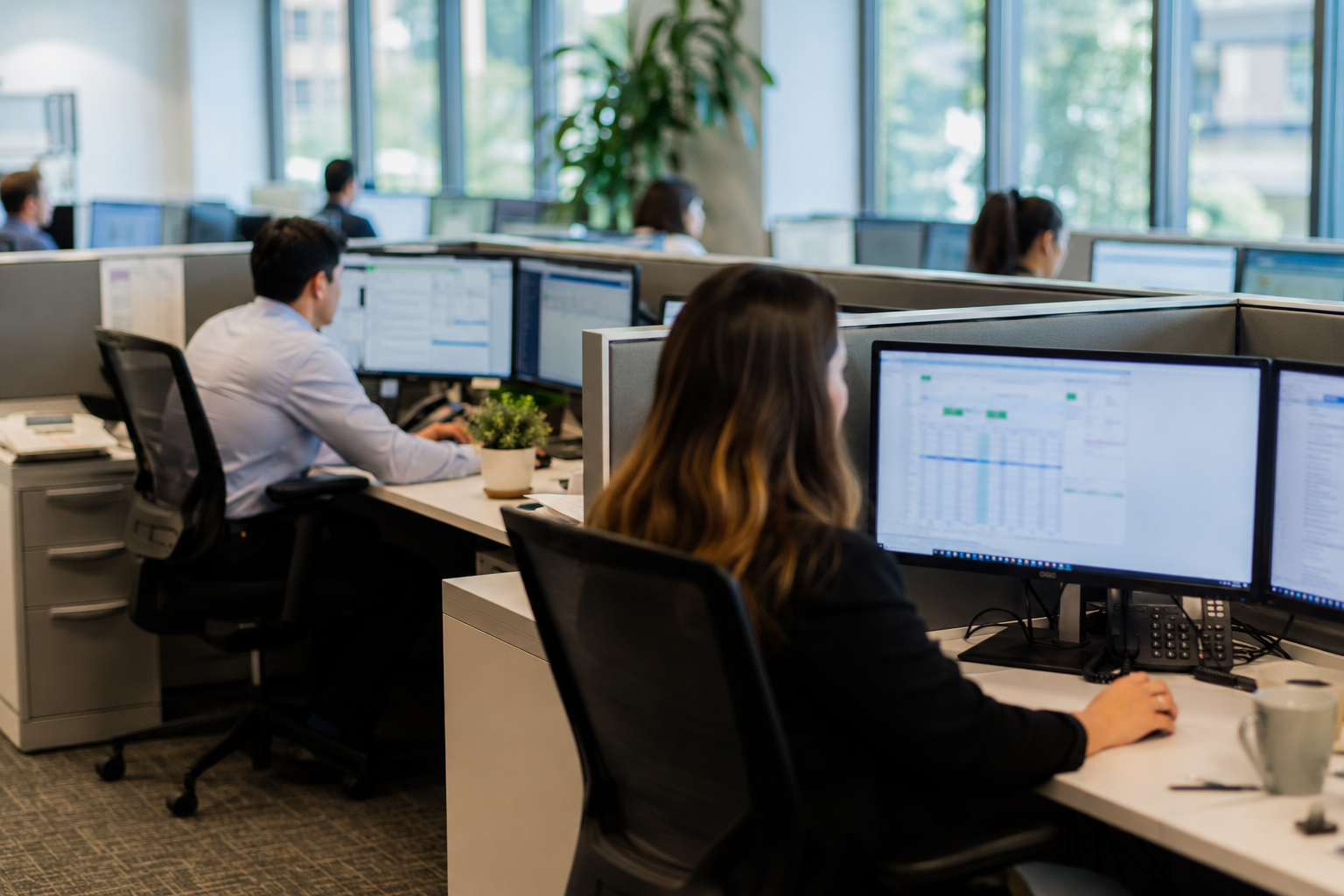 A finance team working at desks with dual monitors in an open office