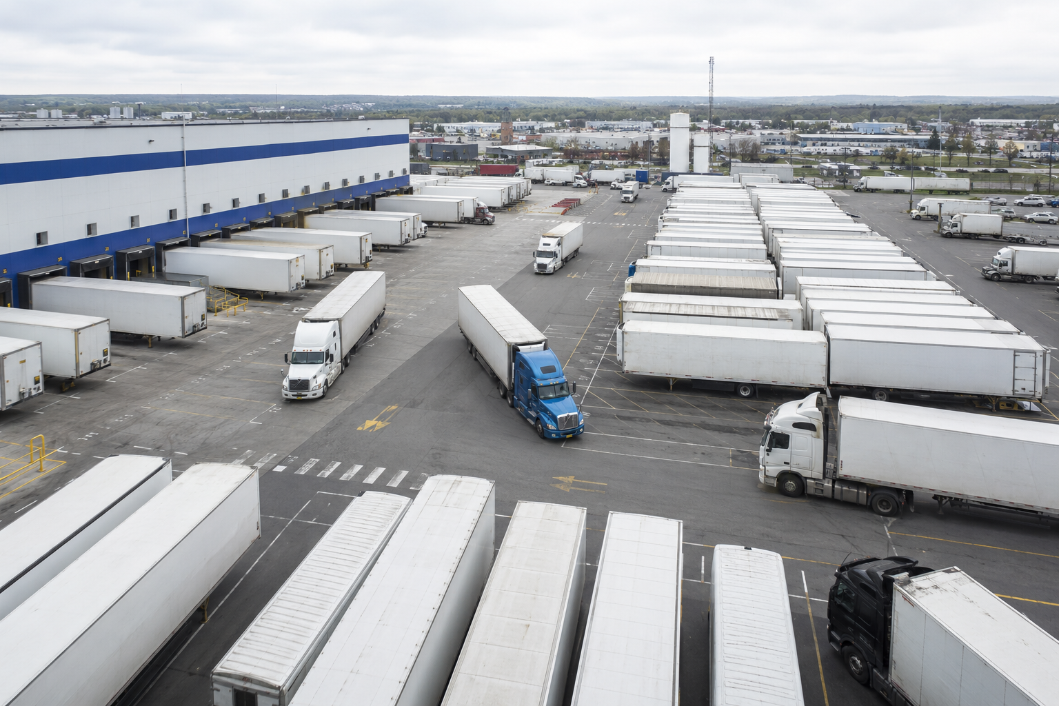 A busy cross-dock trailer yard with rows of parked trailers and trucks