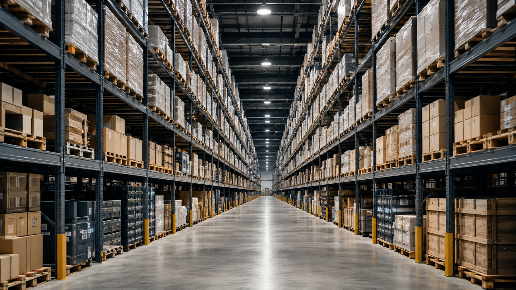 A warehouse aisle lined with tall racking stacked with goods