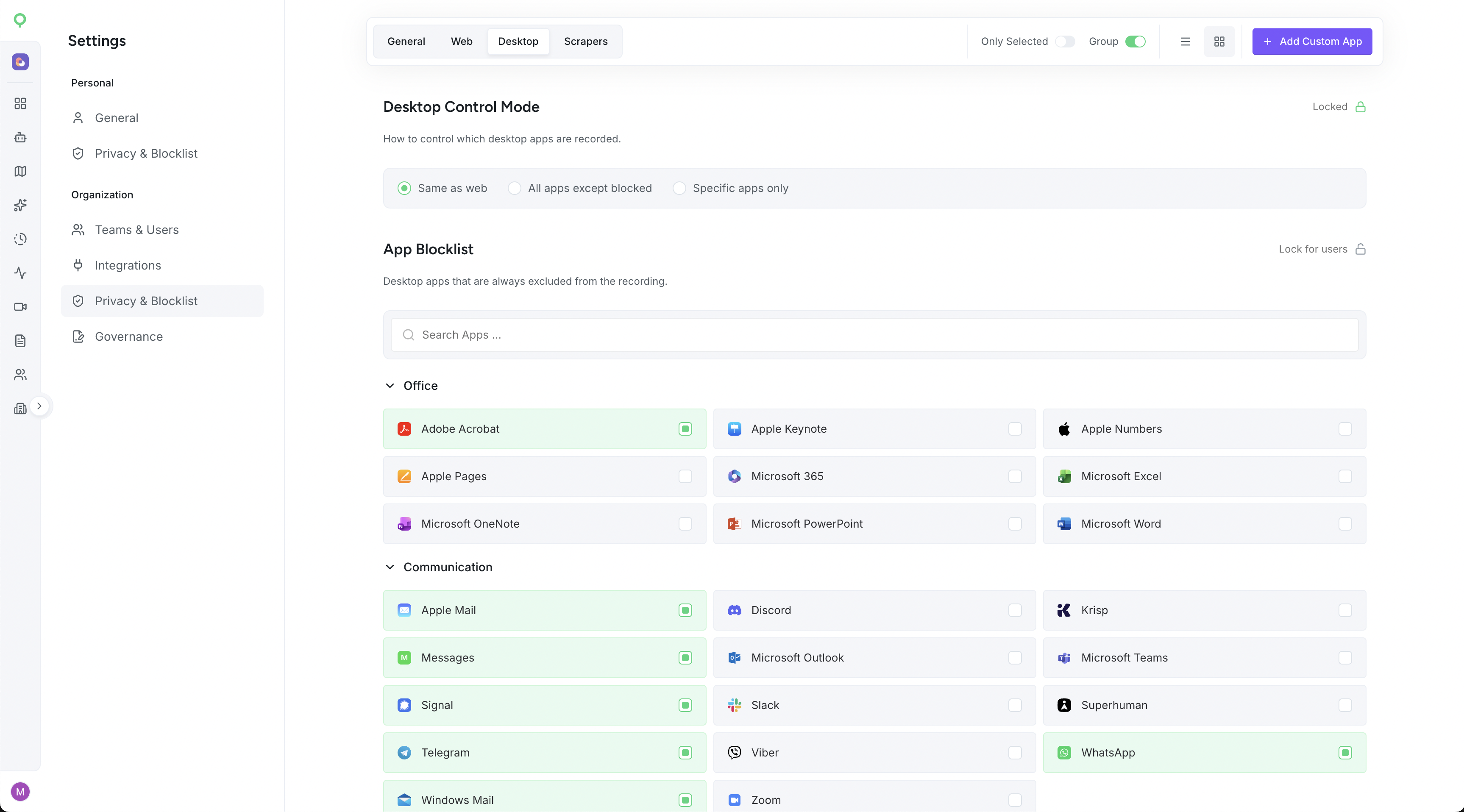 WIQ app blocklist settings controlling which desktop apps are recorded