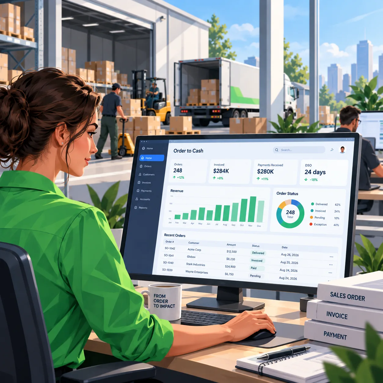 A billing specialist at a desk, working through invoice exceptions