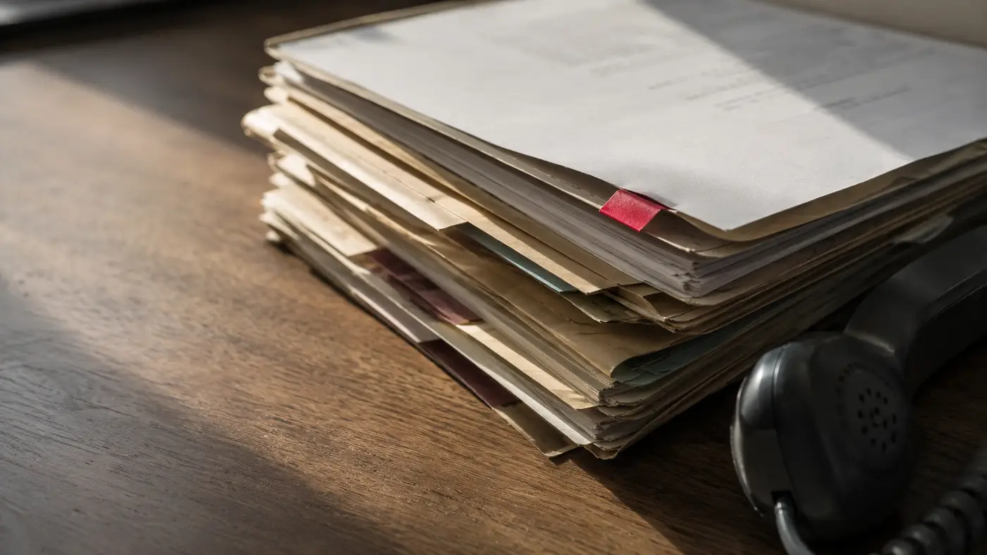 A stack of paper case folders with index tabs beside a desk phone handset