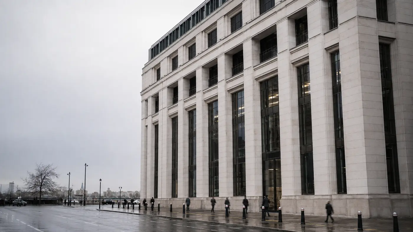 The stone and glass facade of a bank headquarters on an overcast day