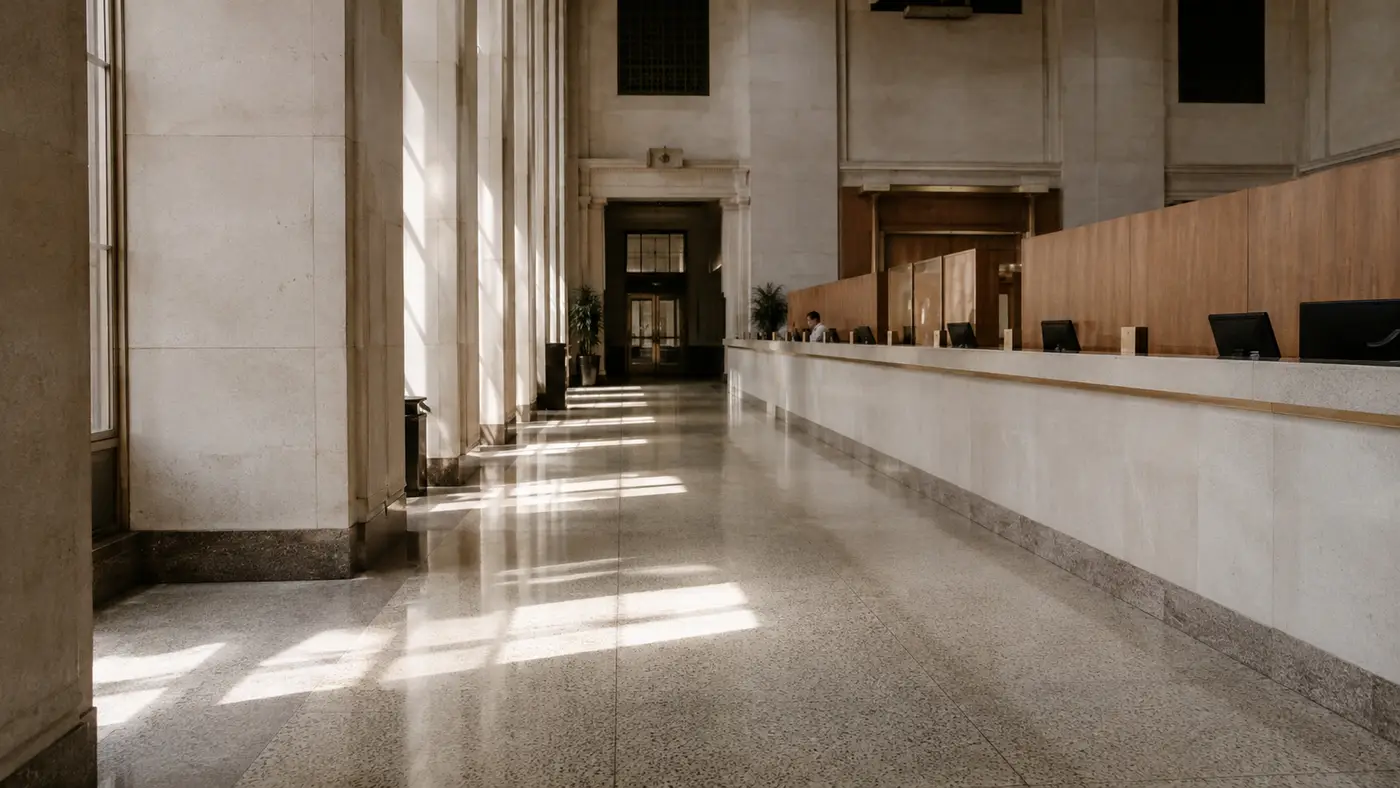 The near-empty interior of a bank branch, daylight raking across a long counter