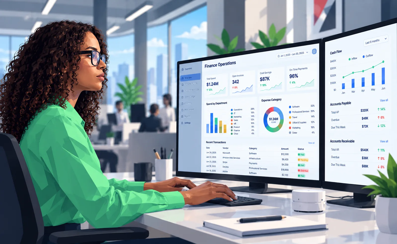 An analyst reviewing a finance operations dashboard of spend, invoice status and recent transactions