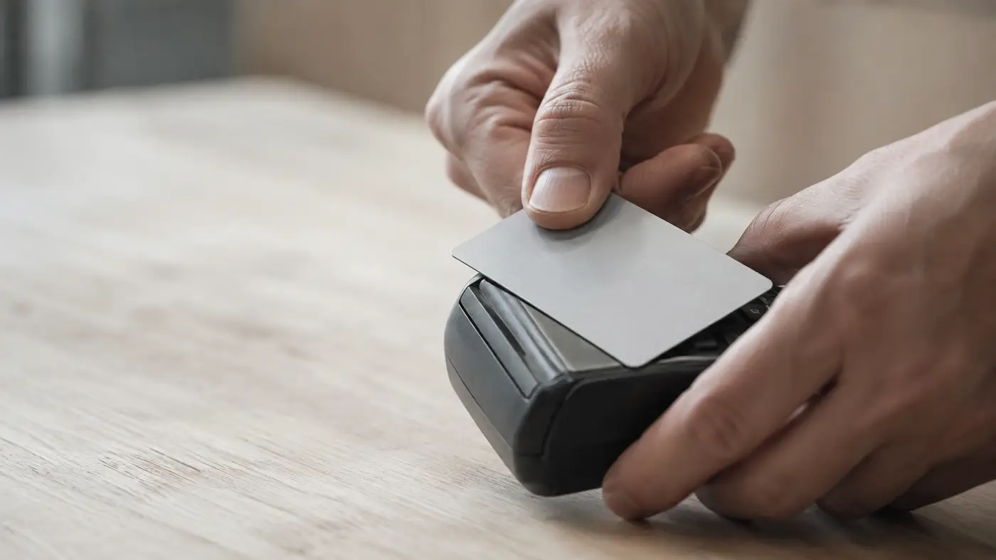 A hand holding a bank card against a card terminal on a shop counter