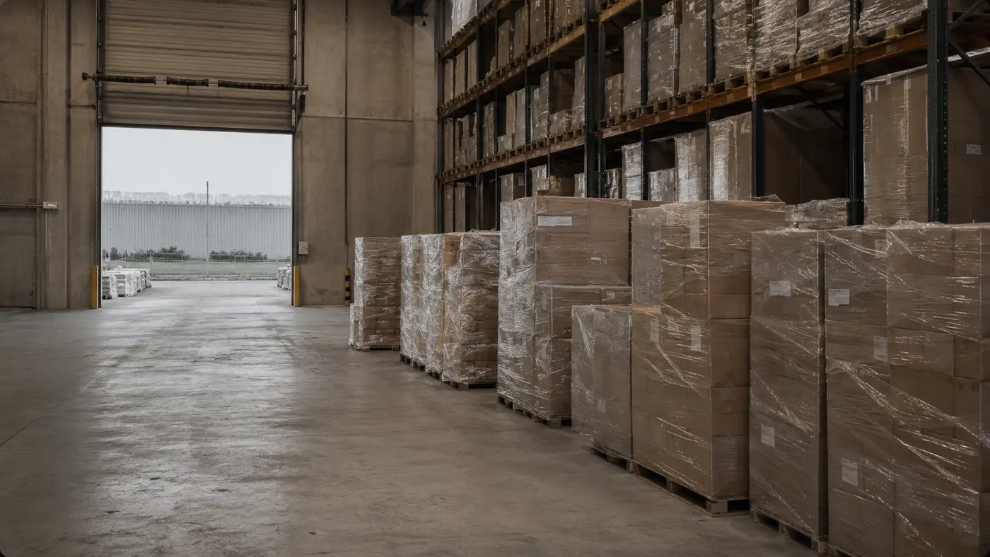 The goods-in bay of a distribution centre, pallets stacked on a concrete floor