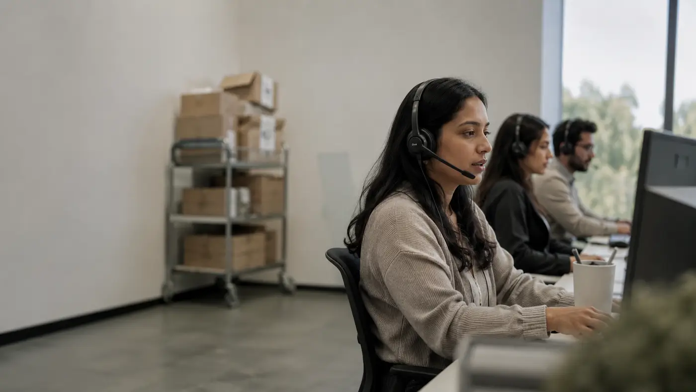 Three support agents in headsets at a row of desks, a trolley of return parcels behind them